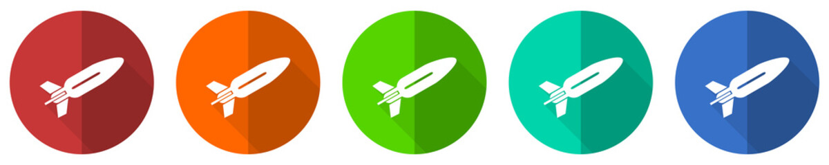Fototapete - Missile icon set, rocket, weapon, war, red, blue, green and orange flat design web buttons isolated on white background, vector illustration