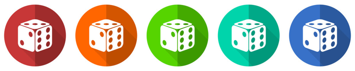 Leinwandbilder - Dice, game, casino icon set, red, blue, green and orange flat design web buttons isolated on white background, vector illustration