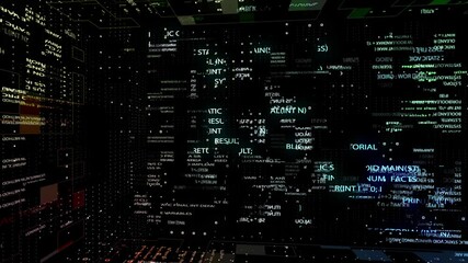 Fly 360 degrees around an abstract 3D rendering of a scientific technology binary code network conveying the communications, complexity and data flow of the modern digital age