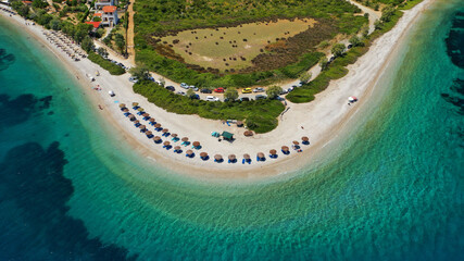 Aerial drone photo of paradise bay and beach of Agios Dimitrios with amazing turquoise clear sea, Alonissos island, Sporades, Greece