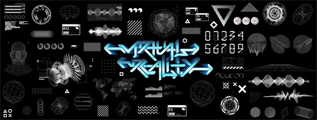 Modern universal futuristic shapes, HUD, GUI, Sky-fi with glitch effects. Cyberpunk retrofuturism concept. Vaporwave digital abstract elements for web banners, poster design and UI, UX, KIT.