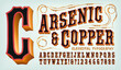 © Mysterylab - A Western Style Copper Clad Alphabet with Red and Black. This Font is Good for Frontier Town Signage, Circus Carnival Graphics, or Classic Steampunk Styling.