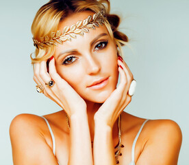 Poster - young blond woman dressed like ancient greek godess, gold jewelry close up isolated, summer trends