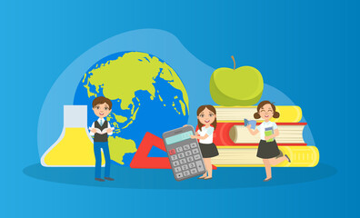 Poster - Kids Studying with Huge School Supplies, Schoolchildren at Geography Lesson Vector Illustration