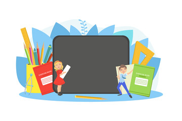 Sticker - Kids Studying with Huge School Supplies, Schoolchildren at Lesson, Back to School Concept Vector Illustration