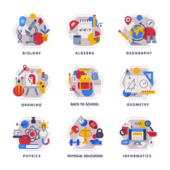 Sticker - Collection of School Subjects Icons, Education and Science Disciplines with Related Elements, Back to School Concept Flat Style Vector Illustration