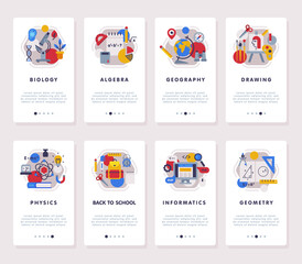 Sticker - Set of School Subjects Mobile app Onboarding Screens, Education and Science Disciplines Webpages Flat Style Vector Illustration