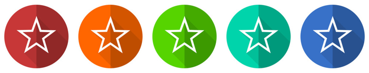 Aufkleber - Star icon set, red, blue, green and orange flat design web buttons isolated on white background, vector illustration