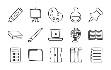 Poster - icon set of paper pin and school supplies, line style