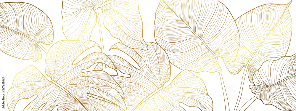 Luxury gold and nature green background vector. Floral pattern, Golden split-leaf Philodendron plant with monstera plant line arts, Vector illustration. - obrazy, fototapety, plakaty 