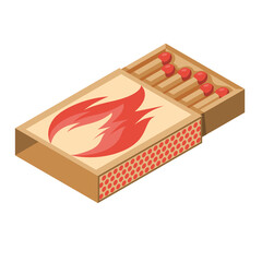 Isometric 3d icon matchbox. Cardboard box with wooden matches. Vector illustration cartoon design. Isolated on white background.