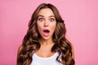 © deagreez - Closeup photo of pretty curly lady crazy facial expression open mouth listen terrible bad news not believe eyes wear white casual singlet isolated bright pink color background