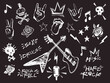 Rock n roll elements collection. Vector hard rock doodle illustrations, signs, objects, symbols. Cartoon rock star icon for music band, concert, party. Isolated on Black background
