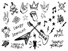 Punk Rock N Roll Elements Collection. Vector Hard Rock Doodle Illustrations, Signs, Objects, Symbols. Cartoon Rock Star Icon For Music Band, Concert, Party. Isolated On White Background