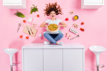 Sticker - Top above high angle full body photo of amazed girl housewife sit table demonstrate cooked pizza enjoy yummy supper dish flat lay tomato eggs utensils isolated over pastel color background