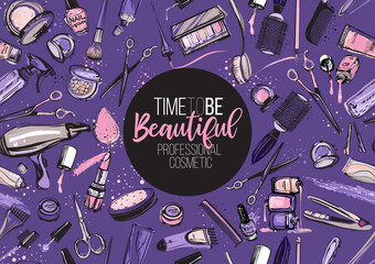 Wall Mural - Beauty salon, manicure, makeup, hairdressing background seamless pattern. Fashion woman accessory proffessional tools icon logo set isolated vector on ultra violet backdrop