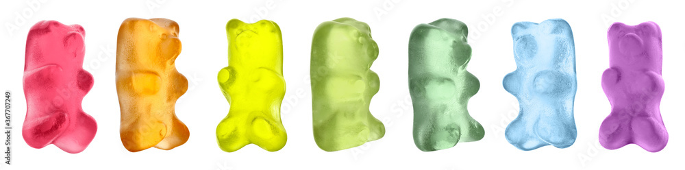Set with delicious jelly bears on white background. Banner design - obrazy, fototapety, plakaty 