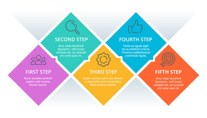 Five steps infographic template - rhombic fragments with icons of search, process, targeting and success - modern vector presentation