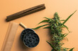 Close-up of marijuana plant and smoking accessories. Grinder, blunt and joint paper top view flat lay. Cannabis buds