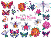 Set Of Insects And Flowers Embroidery Elements: Marigold Rose, Dragonfly, Ant, Butterfly, Honey Bee, Ladybag, Flower Bug. Fashion Patch Watercolor Style Illustration Isolated On White Background.