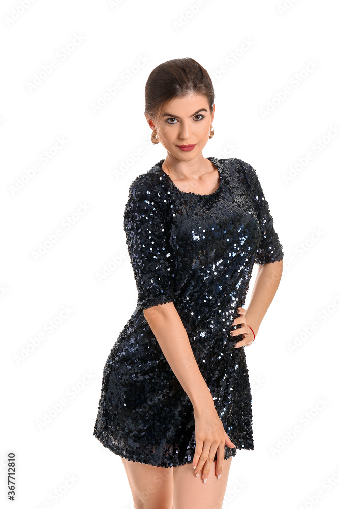 Stylish young woman on white background