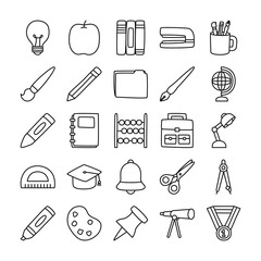 Poster - paint palette and school supplies icon set, line style