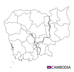  Cambodia map, black and white detailed outline regions of the country.