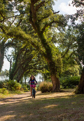 Wall Mural - cute little girl riding a bicycle in a cork oak forest