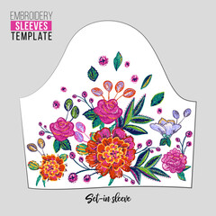 Embroidery flower set-in sleeve neck line patch for t-shirt design. Floral print for textile and fabric vintage tribal illustration isolated on white background