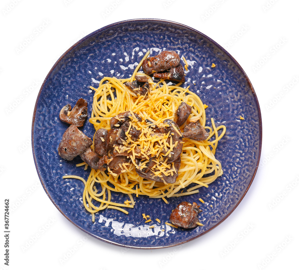 Plate with tasty pasta and mushrooms on white background
