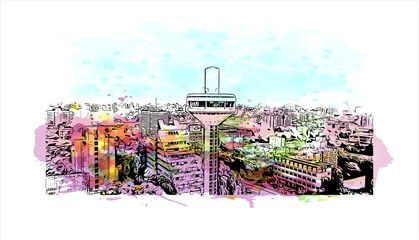 Building view with landmark of Ahmedabad, in western India, is the largest city in the state of Gujarat. Watercolor splash with hand drawn sketch illustration in vector.