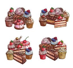 Sticker - Cakes and desserts sketch, sweet chocolate cupcakes and bakery pastry, vector. Hand drawn patisserie sweet dessert cakes, cheesecake, tiramisu, brownie and chocolate cupcake muffins with strawberry