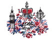Watercolor London vector illustration collection Big Ben, crown, flowers. Retro british grunge graphic for textile design or t-shirt print. Isolated elements on white background