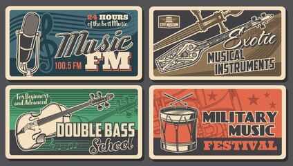 Sticker - Music instruments posters, concert live festival, vector FM radio podcast microphone. Orchestra symphonic musical school, military music concert, Asian Oriental exotic folk music instruments museum