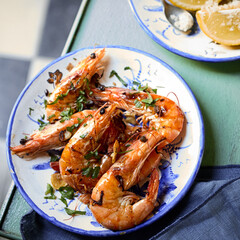 Wall Mural - Grilled whole pink prawns seasoned with herbs
