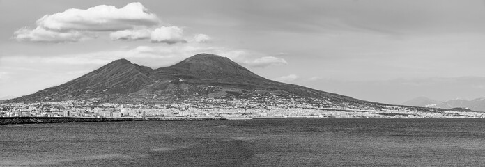 Sticker - Mount Vesuvius seen from the shores of the golf of Naples, Italy in  black and white