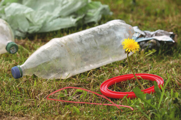 Saving the planet Earth nature and environment from pollution of plastic. dandelion sprout and bottle on the green grass