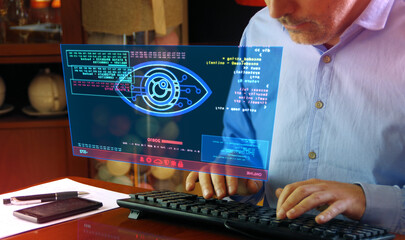 Wall Mural - Cyber spying hacking and supervise eye symbol on screen illustration