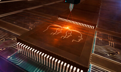 Processor factory with laser burning of AI heads symbol illustration