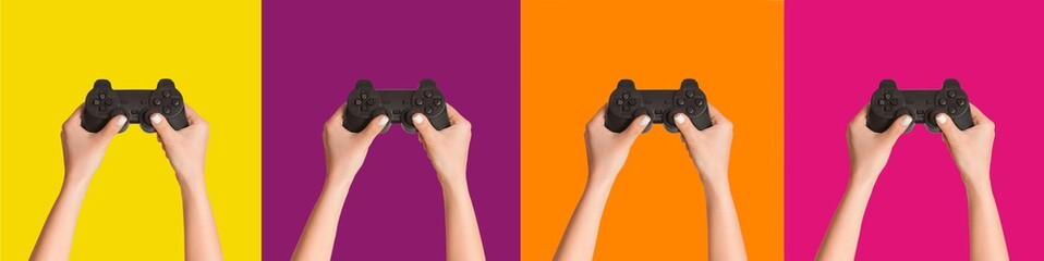 Female hands showing video game joysticks on color background, collage