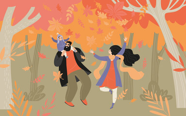 Wall Mural - Enjoy the fall concept. Happy family having fun on the background of the autumn forest.