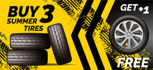 Car Tires Shop Banner With Discount Offer, Yellow Background. Brochure Template With Automobile Wheels Sale Ad, Vector Illustration