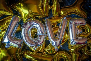 Sticker - Closeup shot of silver balloons forming the word LOVE among other golden ones