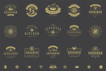 Wall Mural - Sushi restaurant logos and badges set japanese food with sushi salmon rolls silhouettes vector illustration