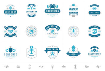 Wall Mural - Seafood logos or signs set vector illustration fish market and restaurant emblems templates design