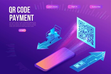 QR code pay isometric landing page with phone reading tag, smartphone scanning label, online payment concept, 3d vector illustration of mobile application
