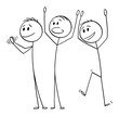 Vector cartoon stick figure drawing conceptual illustration of group of three happy men or businessmen celebrating success, applauding and clapping.