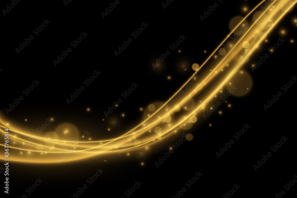 Light effect with glowing gold wavy lines and sparkles isolated - obrazy, fototapety, plakaty 