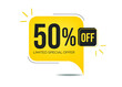 50% off limited special offer. Banner with fifty percent discount on a yellow square balloon.
