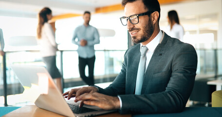 Professional handsome businessman using laptop at workplace